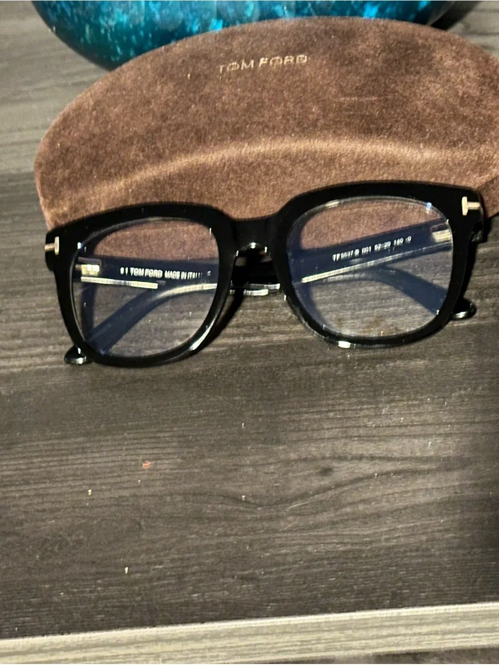 Tom Ford Black Acetate Square Optical Glasses with Gold 'T' Temples